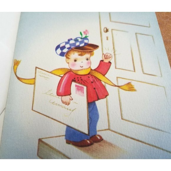 Vintage Greeting Card Thinking of You Delivery Boy Checkered Cap Letter Unused - Picture 2 of 7
